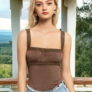 Brown Lace Trim Women’s Top